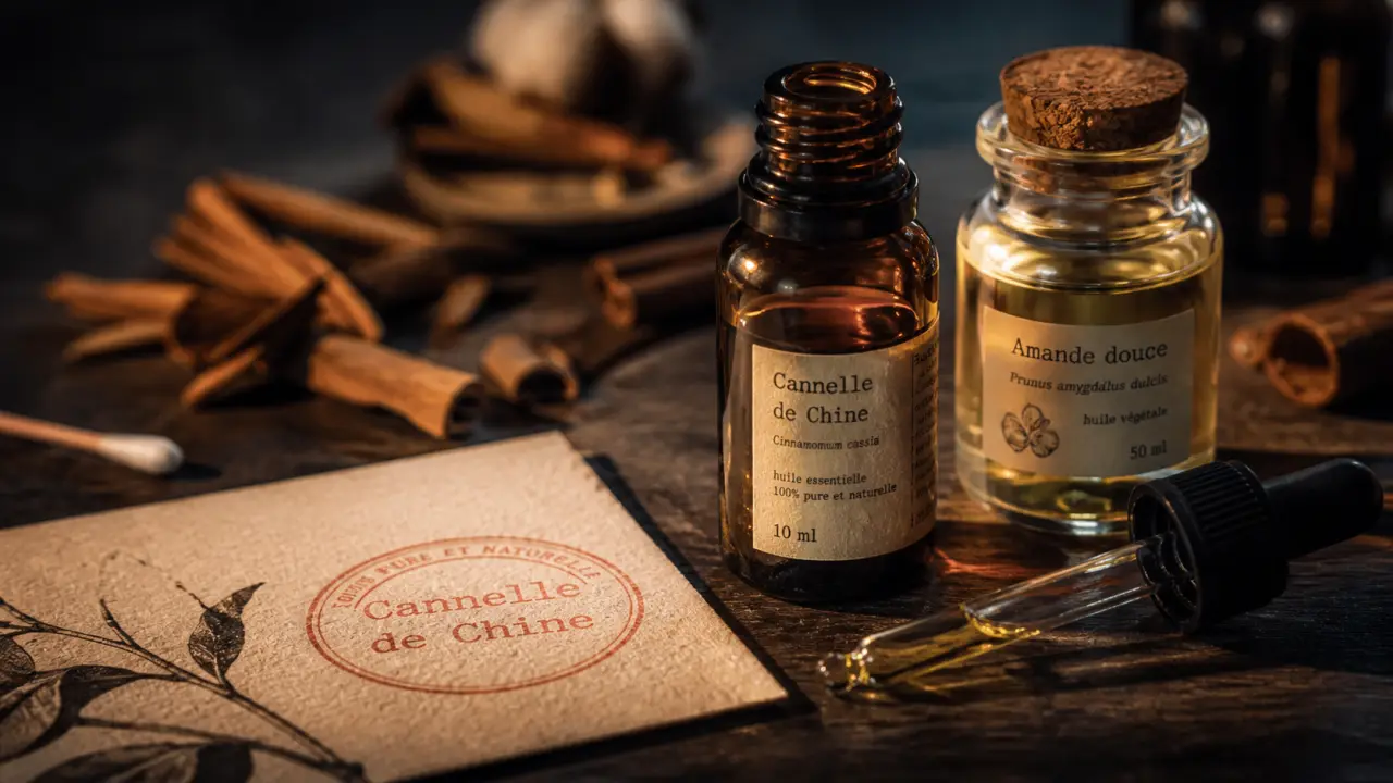 Huiles essentielles cannelle de chine : flacon ambré, pipette et huile végétale.