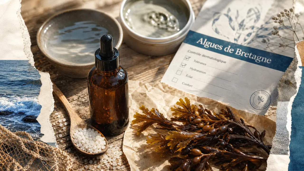 Produits cosmétiques à base d algues marines Bretagne : flacon et algue de Guérande