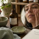 Routine soin visage naturel : huile sur visage, hydrolat et aloe au miroir