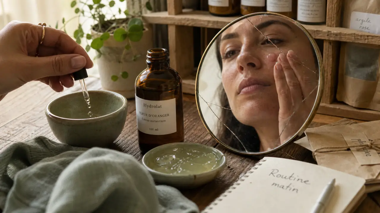 Routine soin visage naturel : huile sur visage, hydrolat et aloe au miroir