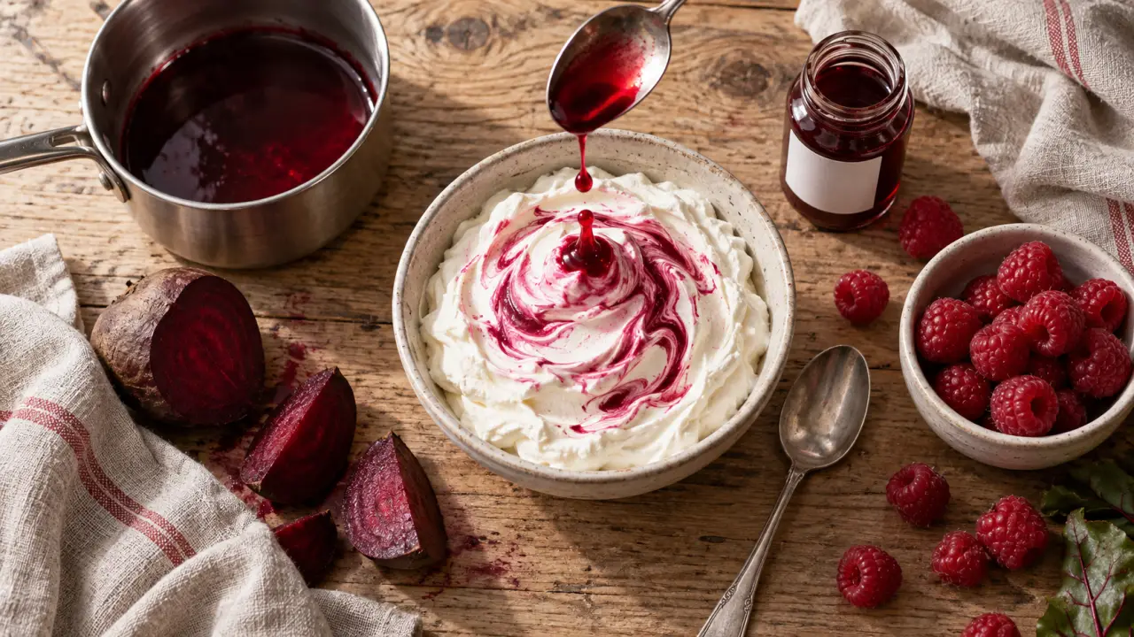 Colorant rouge naturel alimentaire à la betterave : chantilly marbrée rose et framboises