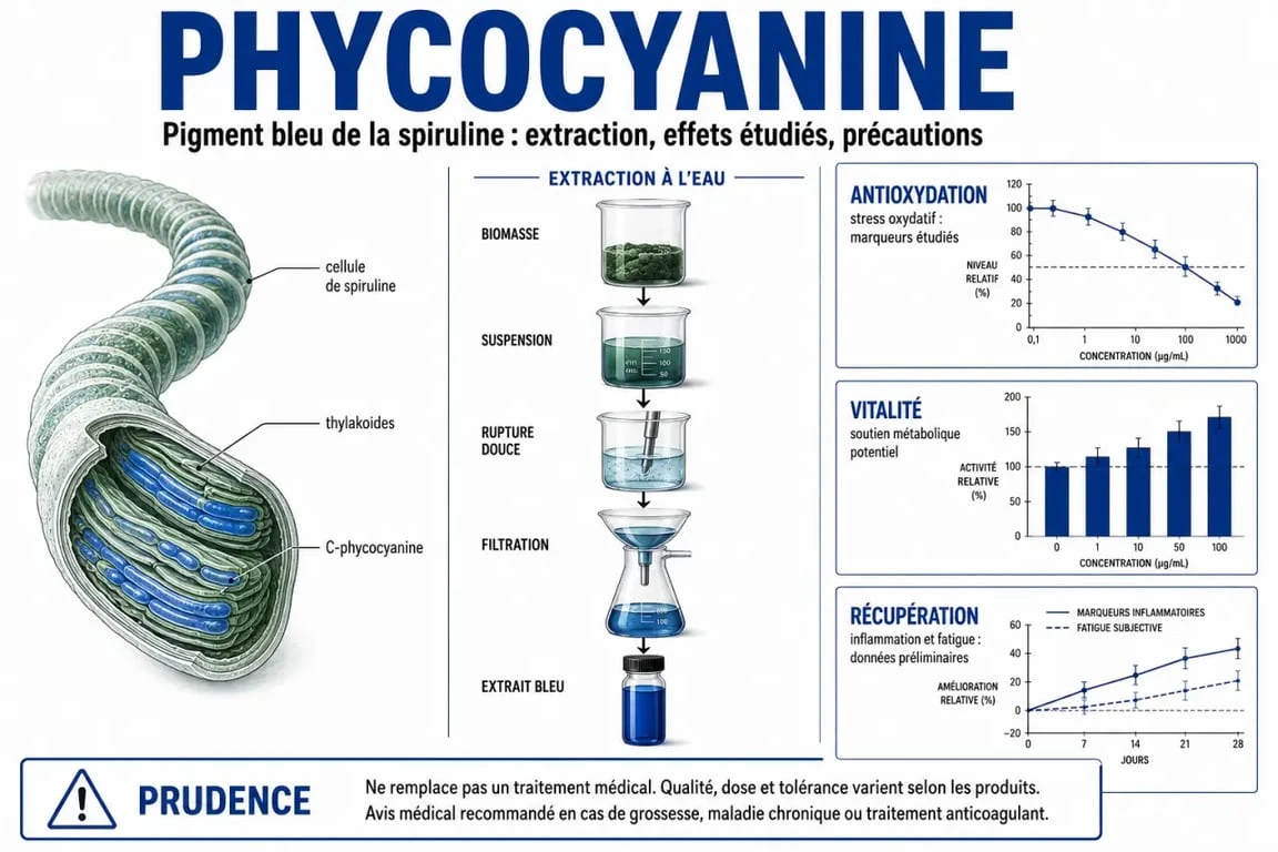 Phycocyanine bienfaits : infographie sur l’origine, l’extraction et les effets de la phycocyanine
