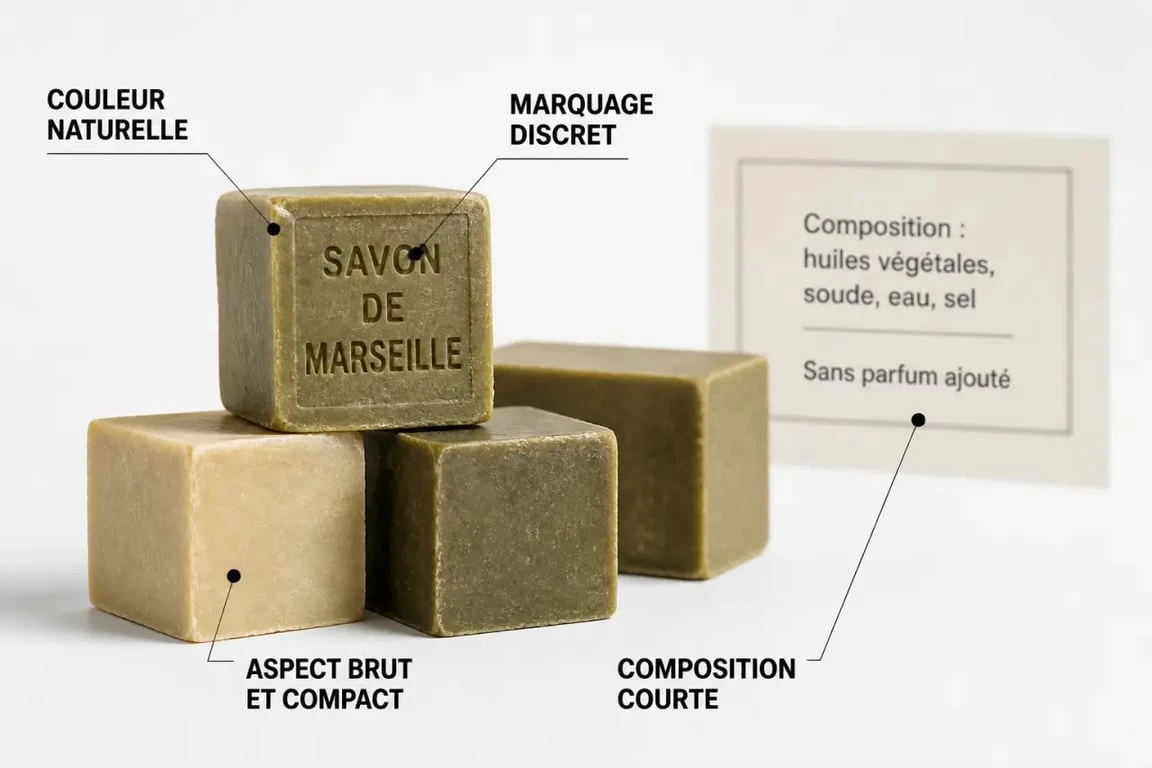 Savon de Marseille composition : cubes authentiques avec couleur naturelle, marquage et aspect brut