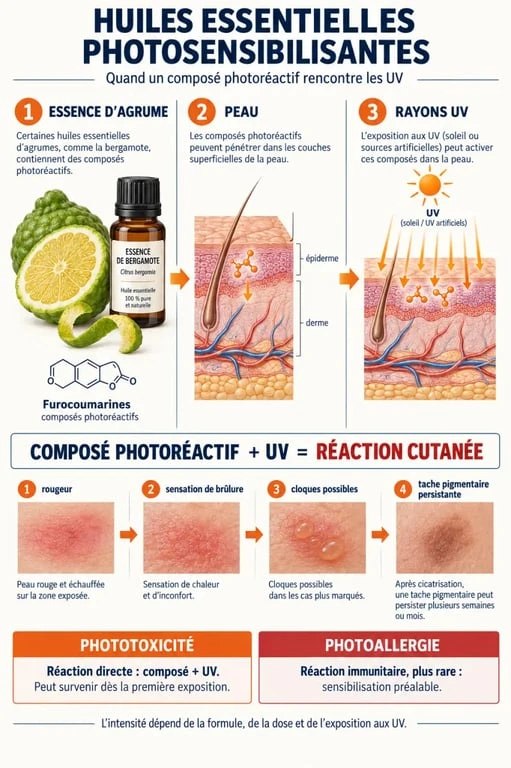 Infographie expliquant le mécanisme d’une huile essentielle photosensibilisante et la réaction des furocoumarines aux UV