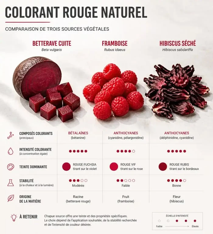 Sources de colorant rouge naturel alimentaire : betterave, framboises et hibiscus
