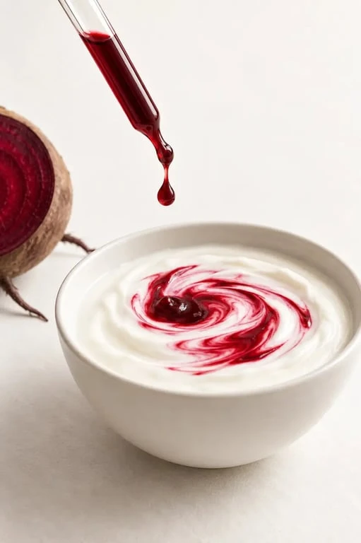 Colorant rouge naturel alimentaire à base de betterave versé dans une crème blanche