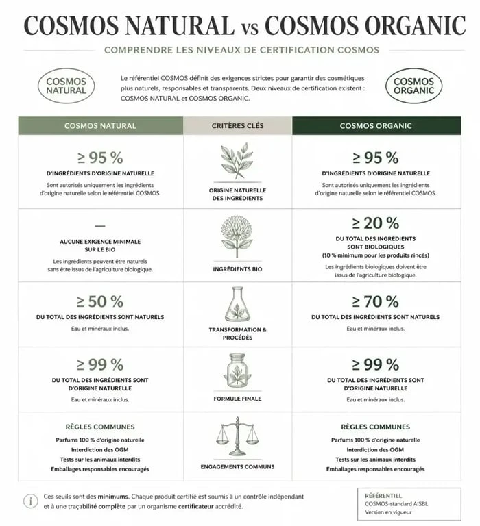 Comparaison des certifications COSMOS NATURAL et COSMOS ORGANIC pour la cosmétique bio