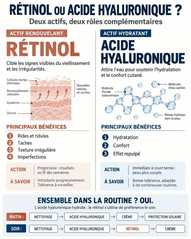 Infographie rétinol ou acide hyaluronique : différences, bénéfices et association dans une routine