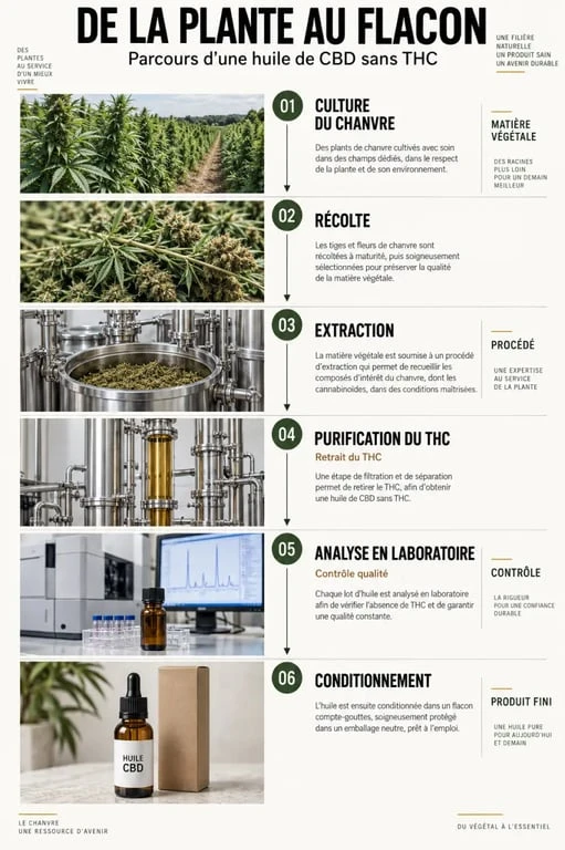Infographie sur l’origine d’une huile CBD sans THC et son parcours de la culture du chanvre à l’analyse