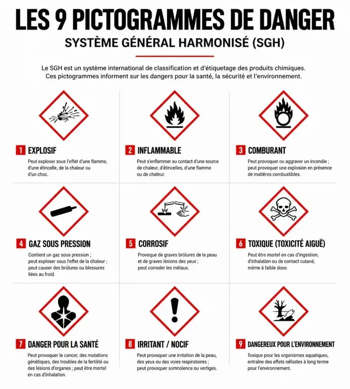 Tableau récapitulatif des 9 pictogrammes chimiques de danger SGH