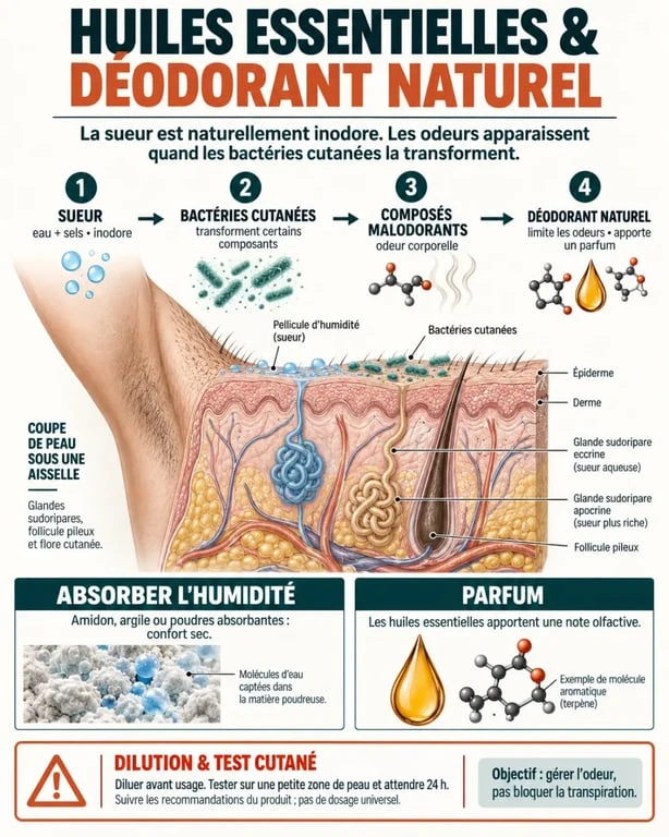 Huiles essentielles déodorant : schéma du rôle de la sueur, des bactéries et de la dilution