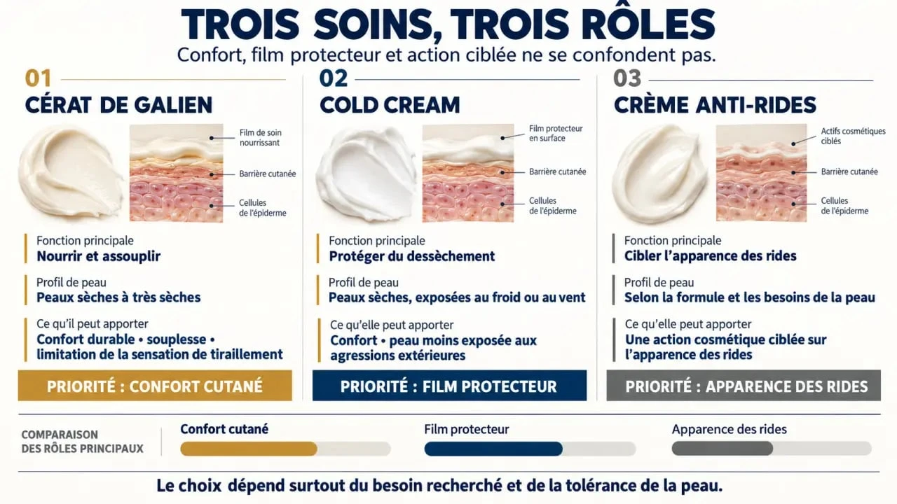 Cérat de Galien anti rides comparé à une cold cream et à une crème anti-âge