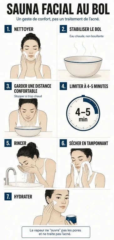 Étapes d’un sauna facial au bol avec vapeur douce, rinçage et soin final