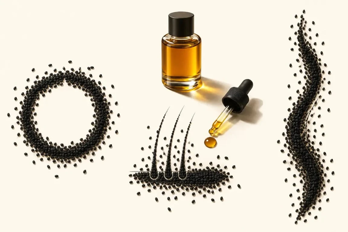 Black seed oil et huile de nigelle : graines de Nigella sativa et flacon d’huile végétale