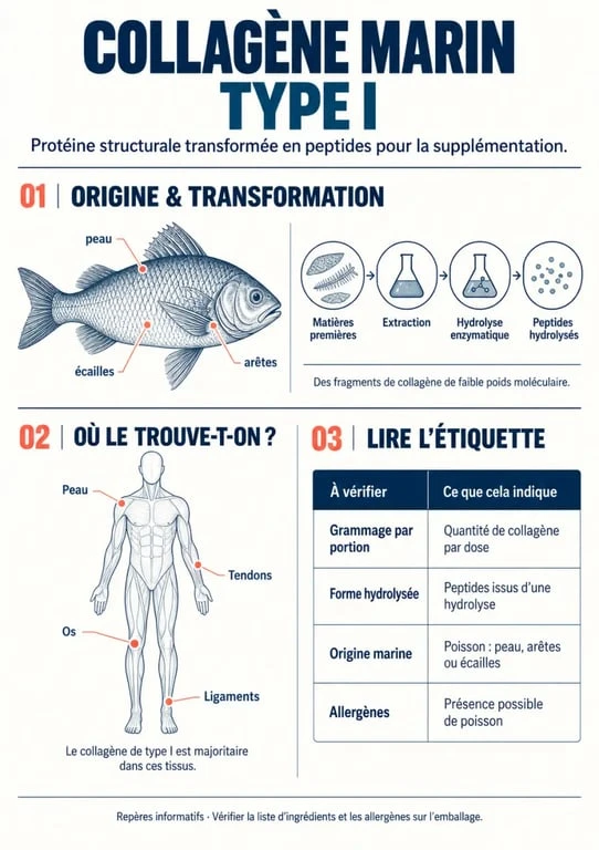 Infographie sur le collagène marin type I, son origine et ses repères de lecture d'étiquette