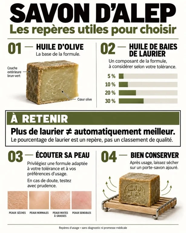 Infographie pour choisir et conserver un savon alep selon sa composition et son usage