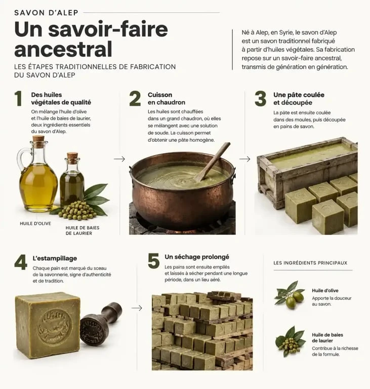 Infographie sur la fabrication traditionnelle du savon alep, de la cuisson en chaudron au séchage