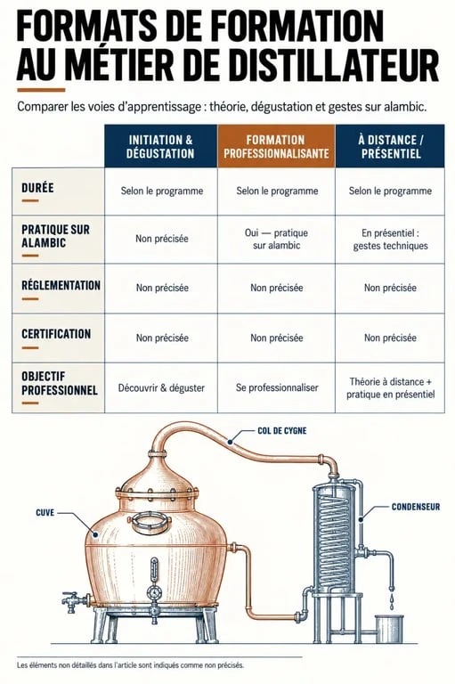 Infographie sur les critères d’une formation distillateur et les formats de parcours
