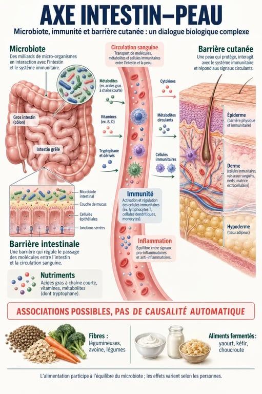 Infographie sur la beauté naturelle et l’influence possible de la santé intestinale sur l’éclat de la peau via l’axe intestin-peau