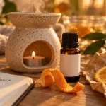 Huile essentielle orange douce en diffusion, flacon et zeste d’orange