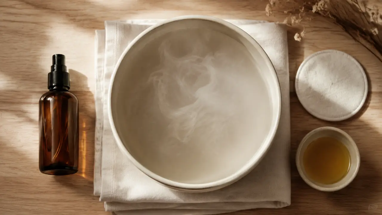 Sauna faciale : bol d’eau chaude et vapeur, nettoyant doux