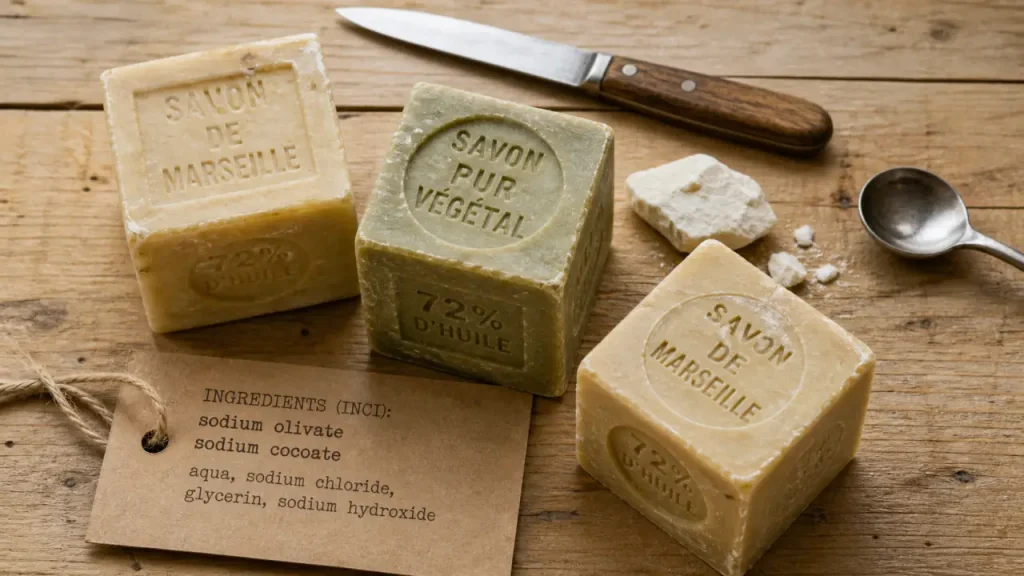 Savon de Marseille composition : 72 % d’huiles végétales, ingrédients autorisés et signes d’authenticité