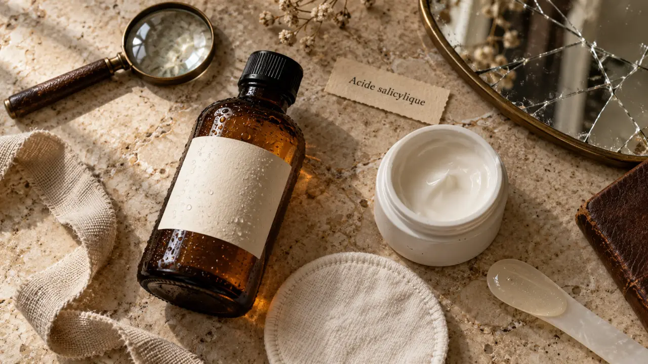 Acide salicylique acné : flacon et sérum sur pores obstrués