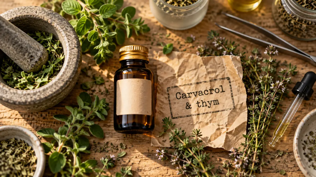 Carvacrol et thym en flacon ambré avec origan et mortier