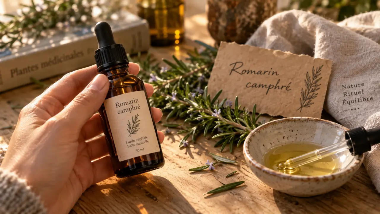 Huiles essentielles romarin camphre : flacon à compte-gouttes et romarin frais pour massage localisé