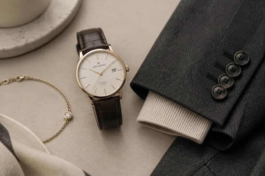 Une montre élégante complète la silhouette, à condition de maîtriser les proportions et les matières